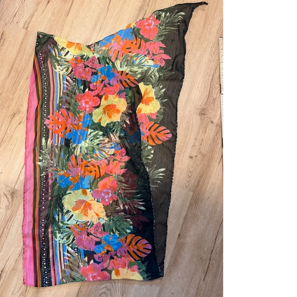 Tropical Floral Hibiscus Monstera Print Lightweight Scarf Wrap Black Multi